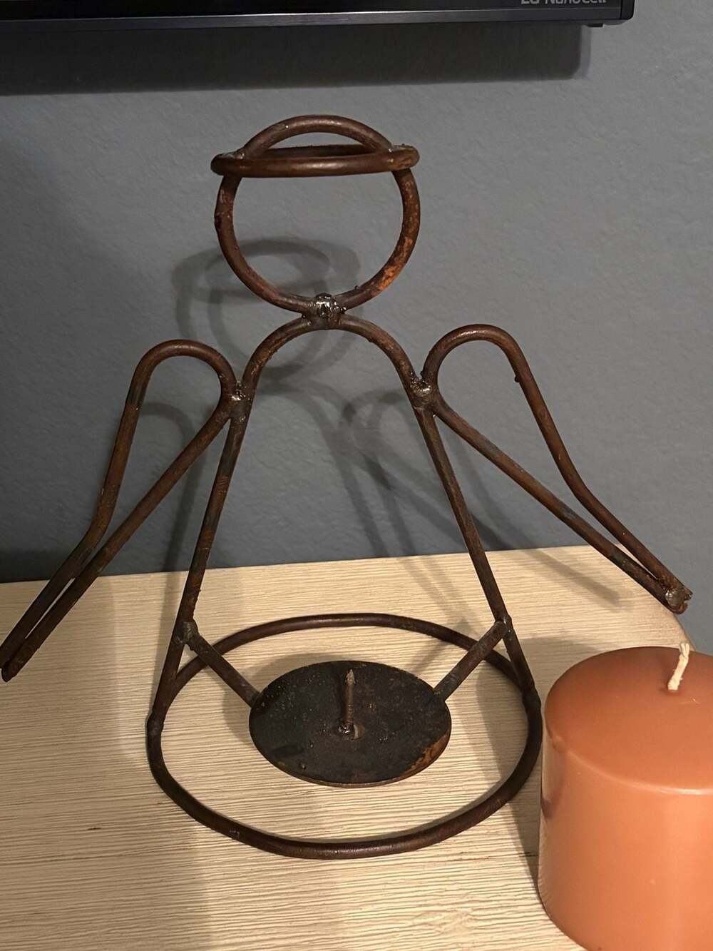 Handcrafted Primitive Rustic Metal Angel Pillar Candle Holder
